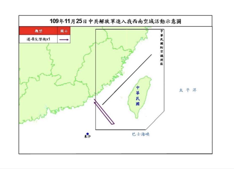 1架中國軍機「運8反潛機」今（25）日進入台灣西南空域防空識別區（ADIZ）。（圖／國防部提供）