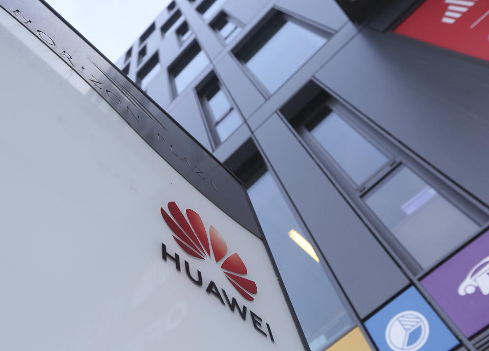 The Huawei logo displayed at the main office of Chinese tech giant Huawei in Warsaw, Poland, on Friday, Jan. 11, 2019. Poland's Internal Security Agency has charged a Chinese manager at Huawei in Poland and one of its own former officers with espionage against Poland on behalf of China. (AP Photo/Czarek Sokolowski)