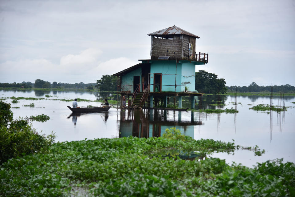A submerged watch tower in flooded Kaziranga national park in Nagaon District of Assam. (Photo credit should read Anuwar Ali Hazarika/Barcroft Media via Getty Images)