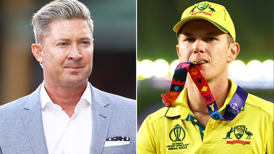 Michael Clark during commentary and Adam Zampa with his medal.