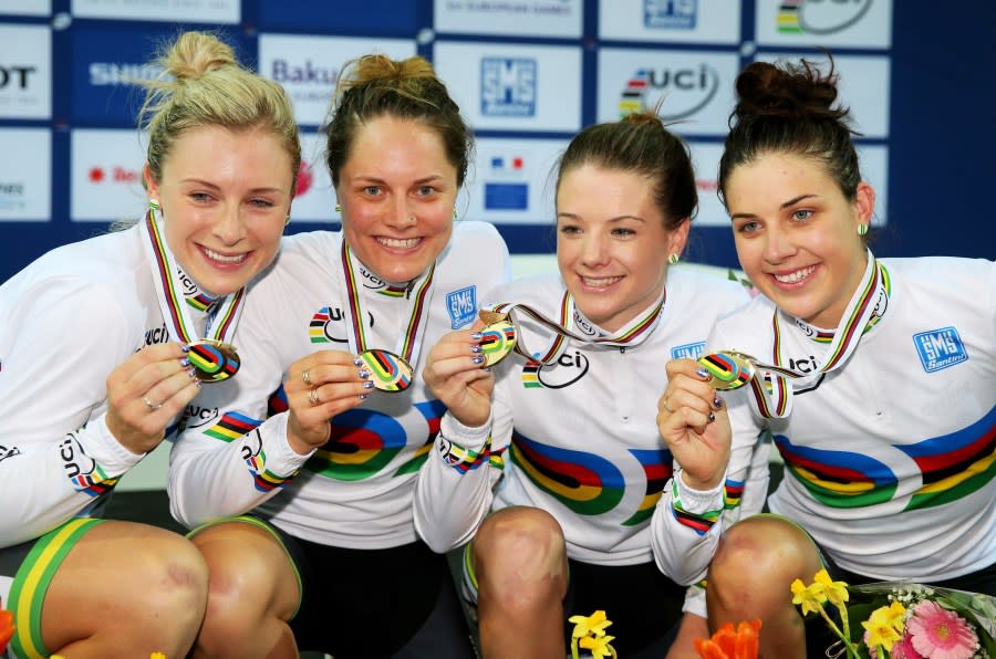 PARIS, FRANCE – FEBRUARY 19: The Australia team of Annette Edmondson, Ashlee Ankudinoff, Amy Cure and Melissa Hoskins celebrate with the gold medals won in the Women’s Team Pursuit Final during day two of the UCI Track Cycling World Championships at the National Velodrome on February 19, 2015 in Paris, France. (Photo by Alex Livesey/Getty Images)