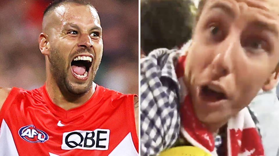 The Sydney Swans are hoping to track down the fan who marked the ball Buddy Franklin kicked his 1000th AFL goal with on Friday night. Pictures: Getty Images/Twitter