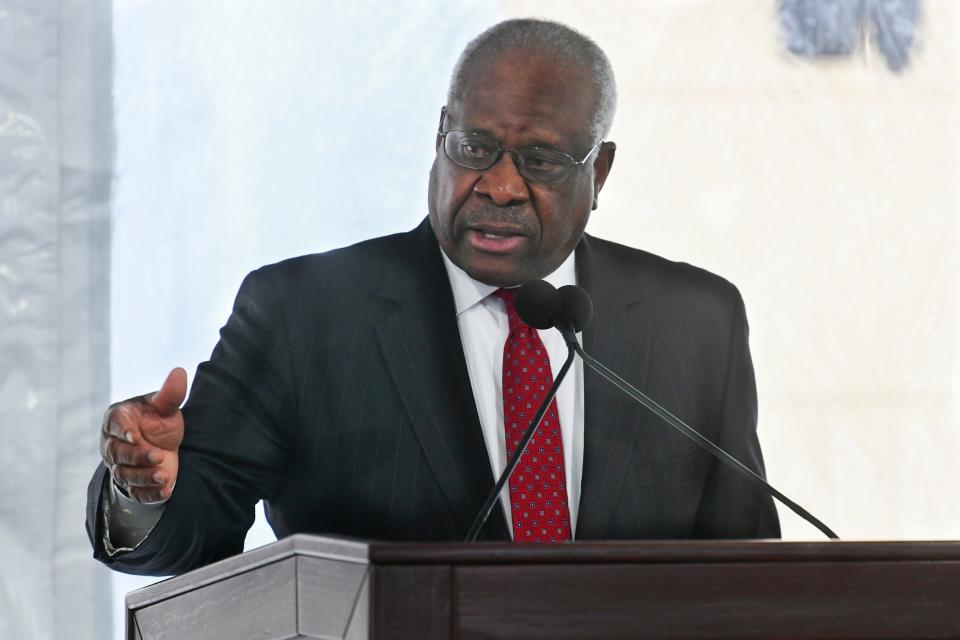 Supreme Court Justice Clarence Thomas delivers a keynote speech during a dedication of Georgia new Nathan Deal Judicial Center Tuesday, Feb. 11, 2020, in Atlanta.