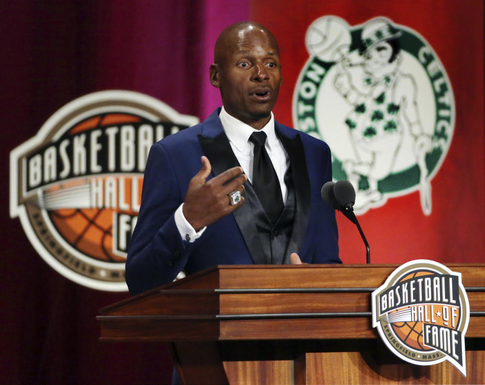 Ray Allen speaks during induction ceremonies into the Basketball Hall of Fame on Friday, Sept. 7, 2018, in Springfield, Mass. (AP Photo/Elise Amendola)