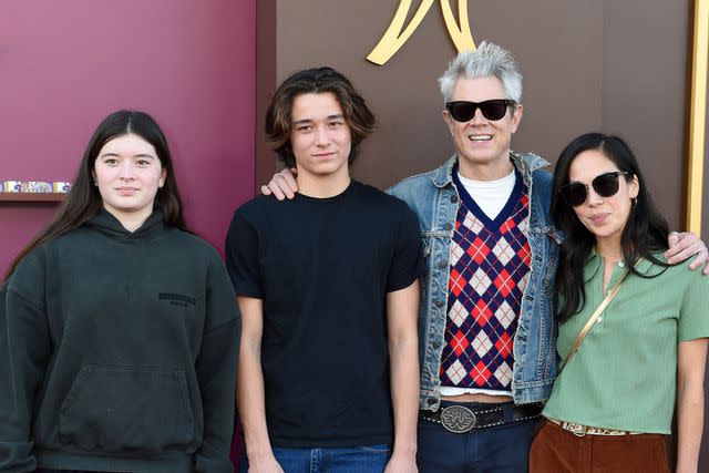 <p>Gilbert Flores/Variety via Getty</p> Johnny Knoxville, his girlfriend and his kids, Arlo Clapp and Rocko Clapp, at the premiere of "Wonka" held at Regency Village Theatre on December 10, 2023