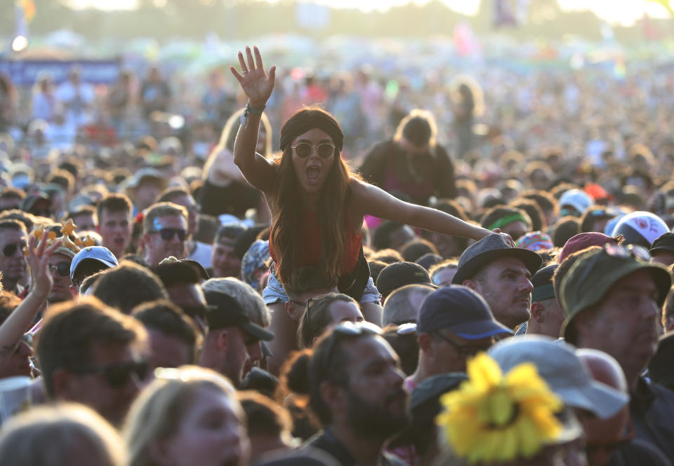 The crowd watch Two Door Cinema Club perform on the Other Stage during the Glastonbury Festival at Worthy Farm in Pilton, Somerset.