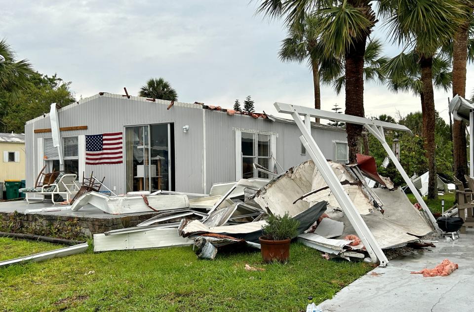 This River Grove Mobile Home Village manufactured home was heavily damaged by a tornado Sunday night in Micco.