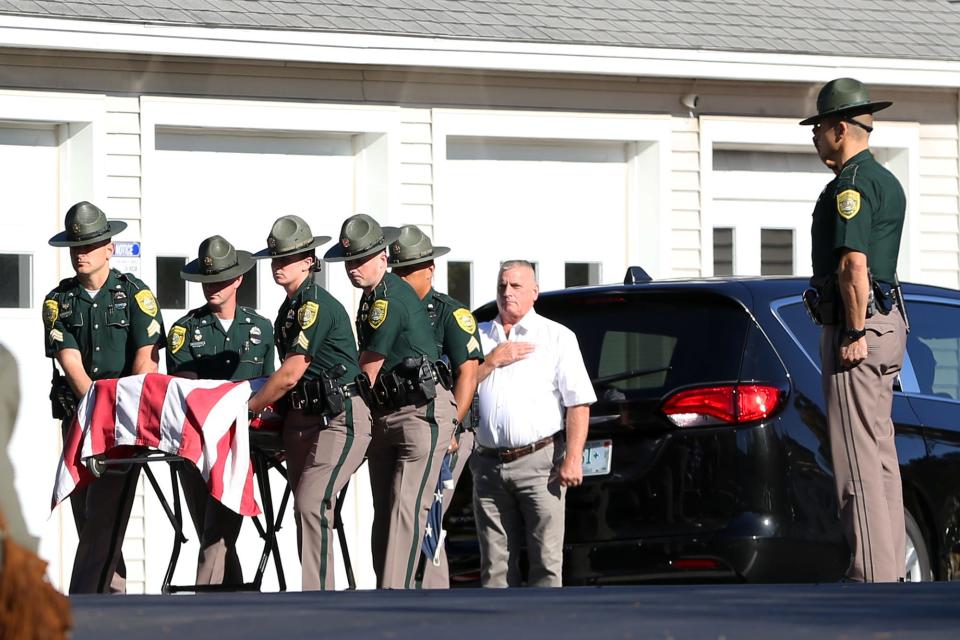 Fallen New Hampshire State Police Staff Sgt. Jesse Sherrill arrives at Wiggin-Purdy-McCooey-Dion Funeral Home in Dover Friday, Oct. 29, 2021. Sherrill was killed while on duty in a crash with his police cruiser and a tractor-trailer on Interstate 95 in Portsmouth one day earlier.