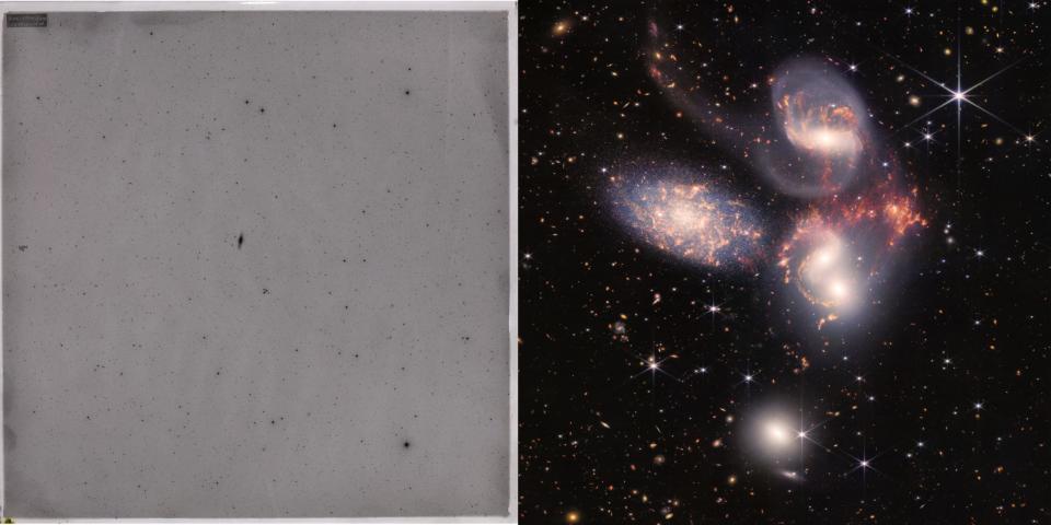 Image of Stephan's Quintet taken in 1979, left. Image of Stephan's Quintet taken with the James Webb Space Telescope in 2022, right.