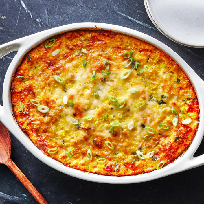<p>This sweet cornbread-topped corn casserole with spicy pepper Jack and smoky poblano peppers is sure to become your new favorite side dish! The natural sweetness of the corn is balanced by a dash of hot sauce, which adds pep and acidity that brings everything together. <a href="https://www.eatingwell.com/recipe/7923688/cornbread-topped-corn-casserole/" rel="nofollow noopener" target="_blank" data-ylk="slk:View Recipe" class="link ">View Recipe</a></p>