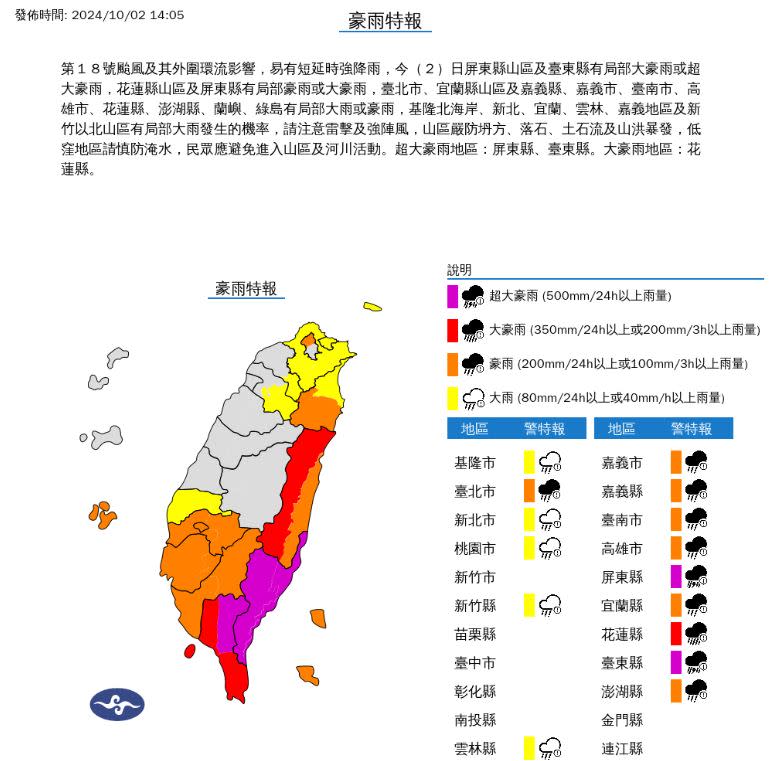 中央氣象署針對15縣市發布豪雨、大雨特報，其中屏東縣山區、台東縣有超大豪雨。（圖／氣象署提供）