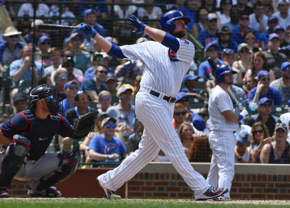 Chicago Cubs’ Jon Lester hits a three-run home run during an eight-run second inning against the Minnesota Twins. (AP Photo)