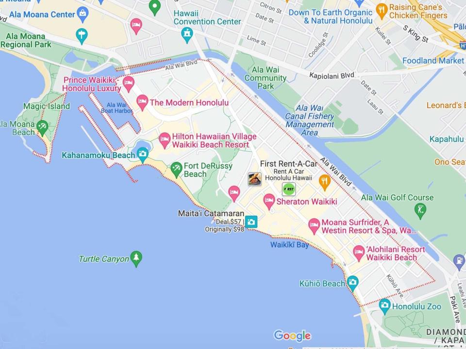 A screenshot of a map area of Waikiki in Hawaii with red border.