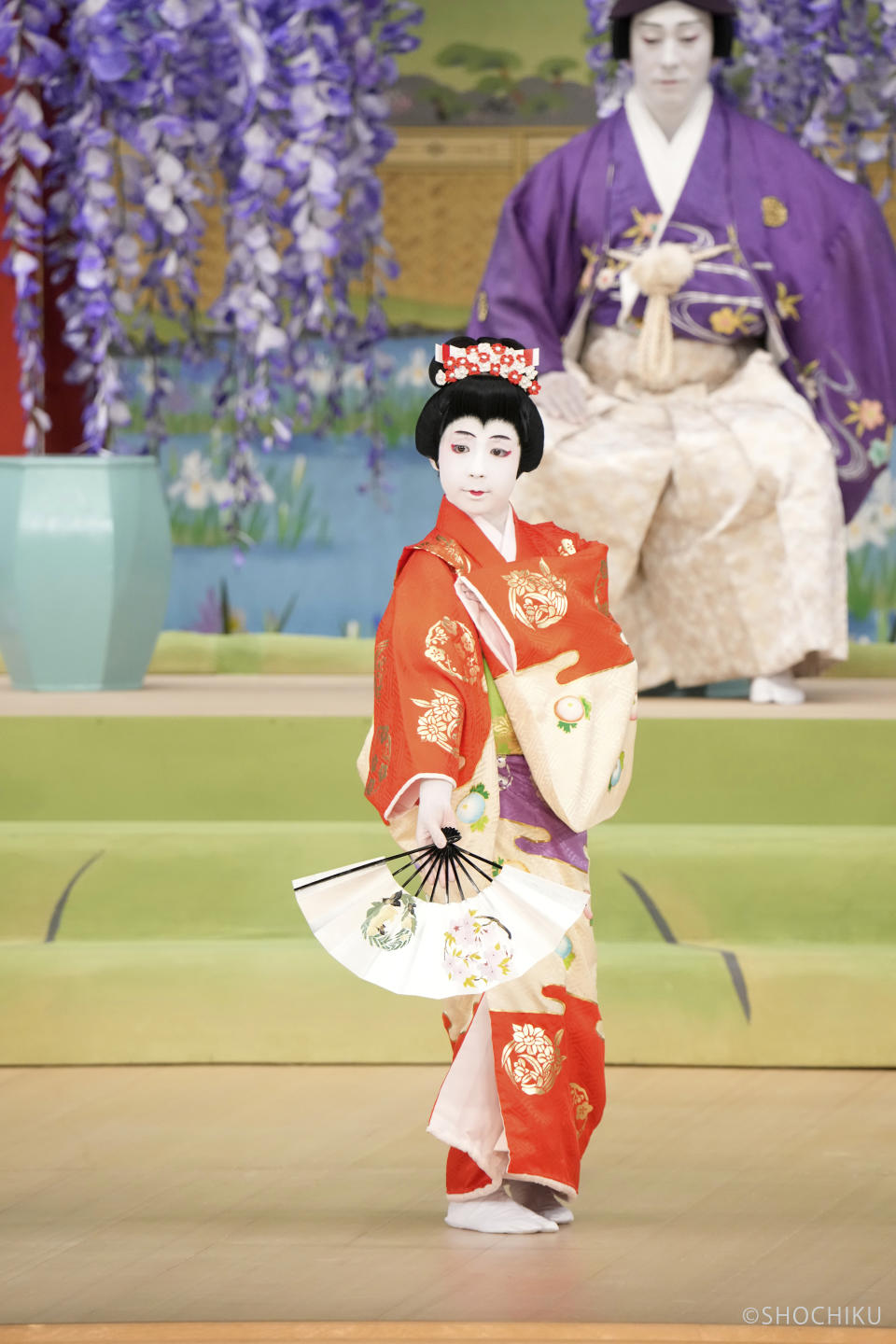 In this image released by Shochiku, Maholo Onoe, front center, performs as he makes his official stage debut at the Kabuki Theater in Tokyo, on May 2, 2023. He is one of the biggest emerging stars in Japan’s 420 year-old Kabuki theater. (Shochiku via AP)