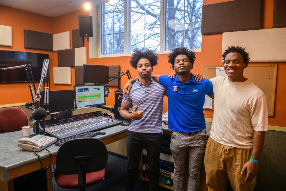 Eureka College senior Kenneth Miles, left, junior Kareem Burnett, middle, and senior Joshua Howard make up "The Night Shift", a radio talk show from 9 p.m. to midnight on WEUR, the college's new station hosted on iHeart Radio. The show is part of Eureka College's new radio and television broadcasting program set up in the wake of the closing of Lincoln College.