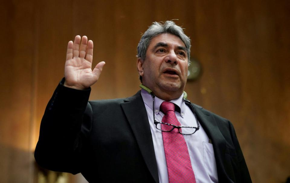 Boeing engineer Sam Salehpour is sworn in before the US Senate Homeland Security and Governmental Affairs Subcommittee on Investigations before testifying (AFP via Getty Images)