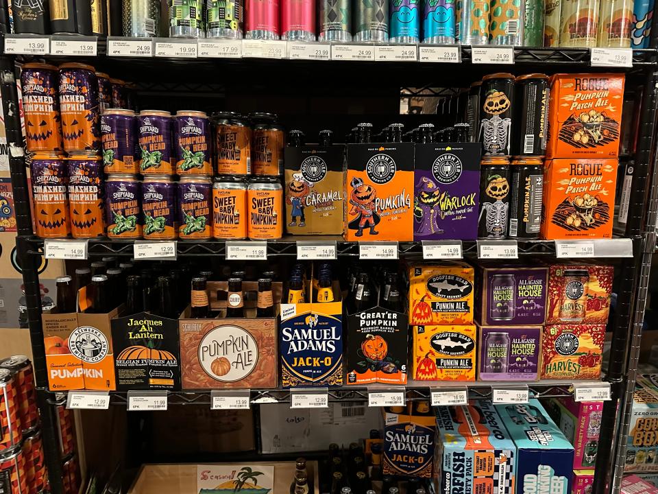 Pumpkin beers on display at Norm's Beer & Wine in Vienna, Virginia on Aug. 9, 2024.