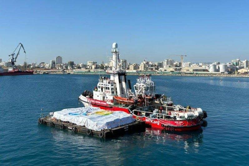 The search-and-rescue vessel "Open Arms," towing a barge loaded with 200 tons of food for besieged Palestinians in Gaza, was reported to be off the coast of the strip Friday, but it was unclear how the supplies would get to the people who need it. Photo courtesy of World Central Kitchen
