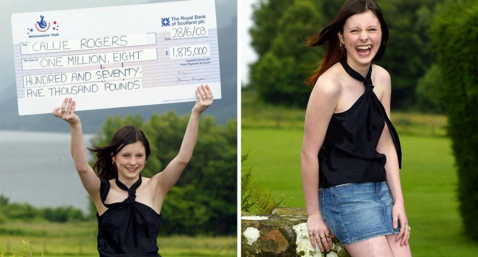 The excited teen holds up her lotto winnings. 