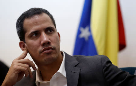 Venezuelan opposition leader Juan Guaido, who many nations have recognized as the country's rightful interim ruler, attends the meeting with public employees in Caracas, Venezuela March 5, 2019. REUTERS/Carlos Garcia Rawlins