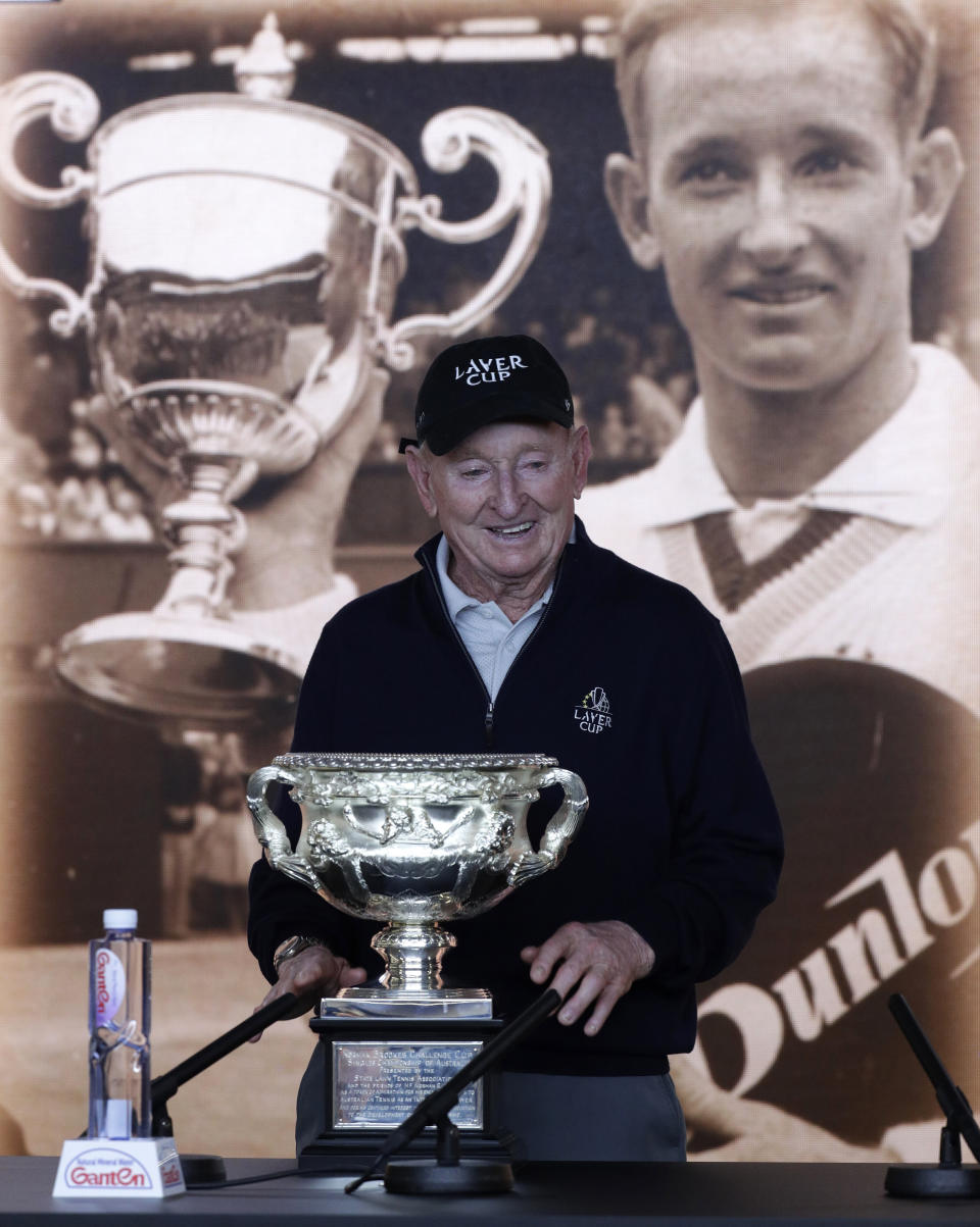 Rod Laver addresses a press conference at the Australian Open tennis championships in Melbourne, Australia, Wednesday, Jan. 23, 2019. (AP Photo/Kin Cheung)