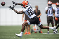 Cleveland Browns wide receiver Jarvis Landry (80) catches a pass during NFL football practice in Berea, Ohio, Wednesday, July 28, 2021. (AP Photo/David Dermer)