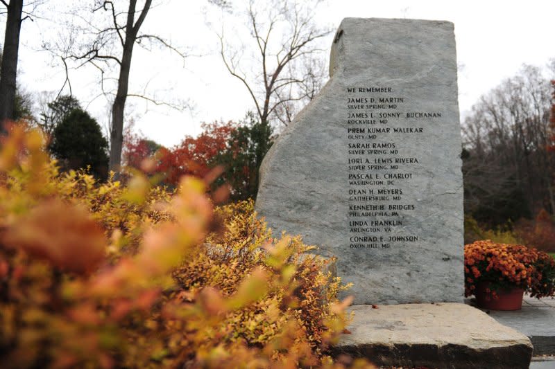 The Washington, D.C., sniper victims memorial is seen at Brookside Gardens in Wheaton, Md., on November 10, 2009. John Allen Muhammad, the mastermind behind the attacks, was sentenced to death on March 9, 2004. File Photo by Kevin Dietsch/UPI