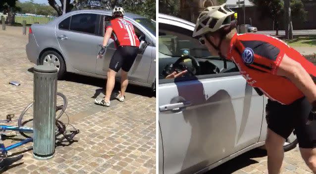 The cyclist can be seen shouting at the woman through her window. Source: Facebook