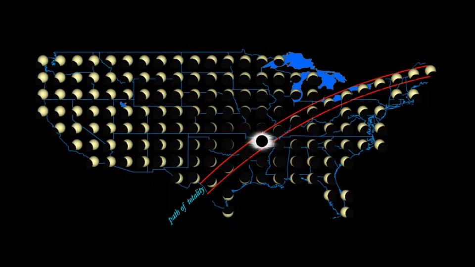 a map showing which parts of the united states will see a total eclipse on april 8, 2024 and which will see a partial. small illustrations of the sun are over each state, with varying levels of the moon blocking it