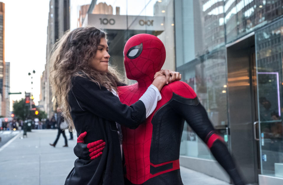 Michelle (Zendaya) catches a ride from Spider-Man (Tom Holland) in Spider-Man: Far From Home | JoJo Whilden—Sony Pictures