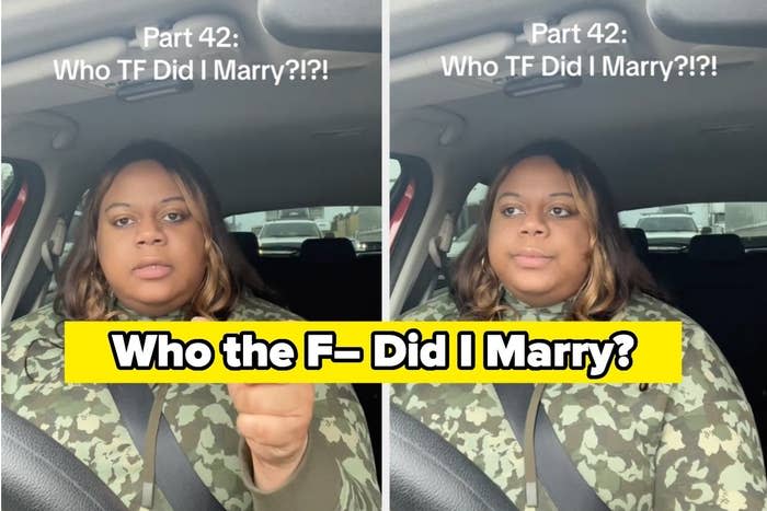 Reesa Teesa from TikTok in a vehicle expressing shock with the caption "Who the F— Did I Marry?" for a relationship-themed article