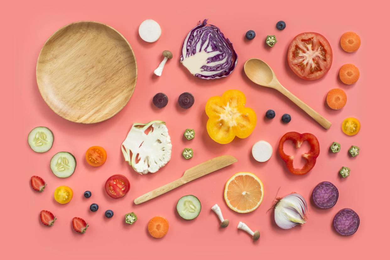 Colourful conceptual vegan food still life.