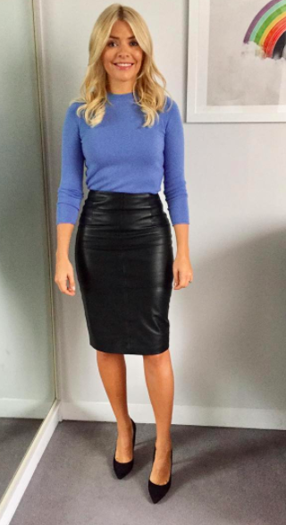 <p>Holly teamed a baby blue knit with a midi leather skirt by <a rel="nofollow noopener" href="http://www.jigsaw-online.com/product/leather-pencil-skirt/J31072_BK000" target="_blank" data-ylk="slk:Jigsaw;elm:context_link;itc:0" class="link ">Jigsaw</a> (which is still in stock) and the look certainly went down well on Instagram. </p>