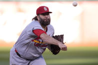 St. Louis Cardinals pitcher Lance Lynn works against the Oakland Athletics during the first inning of a baseball game in Oakland, Calif., Tuesday, April 16, 2024. (AP Photo/Tony Avelar)