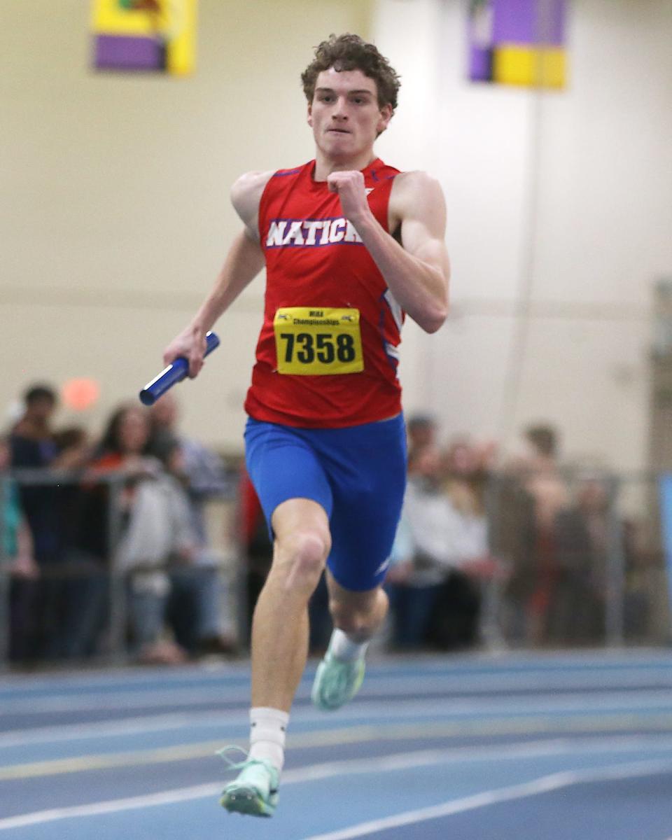 Natick’s Drew Waldron sprints to the finish line in the 4X200 meter relay race at the MIAA Meet of Champions at the Reggie Lewis Track Center in Boston on Saturday, Feb. 25, 2023.