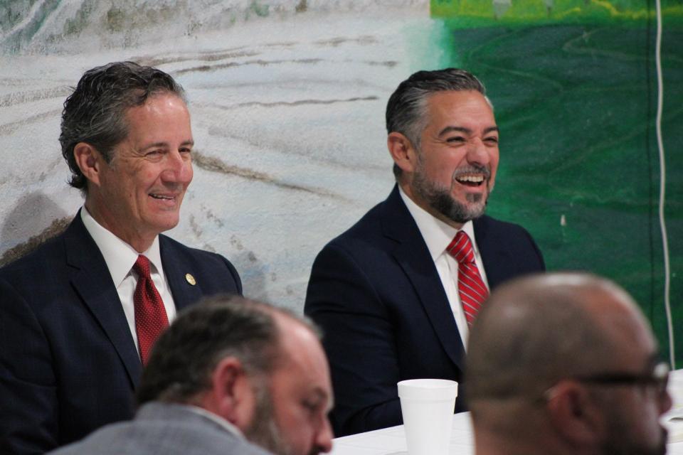 State Sen. Kelly Hancock, chair of the Senate Committee on Veterans Affairs, and state Sen. Cesar Blanco listen to El Paso veterans during a roundtable discussion Thursday, April 4, 2024, in Central El Paso.