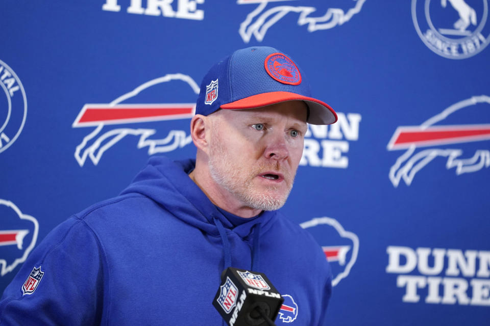 Buffalo Bills head coach Sean McDermott speaks during a news conference following an NFL football game against the Kansas City Chiefs Sunday, Dec. 10, 2023, in Kansas City, Mo. The Bills won 20-17 (AP Photo/Ed Zurga)