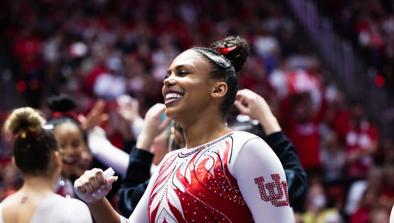 Utah’s Jaedyn Rucker performs during an NCAA gymnastics meet at the Huntsman Center in Salt Lake City on Saturday, Jan. 28, 2023.