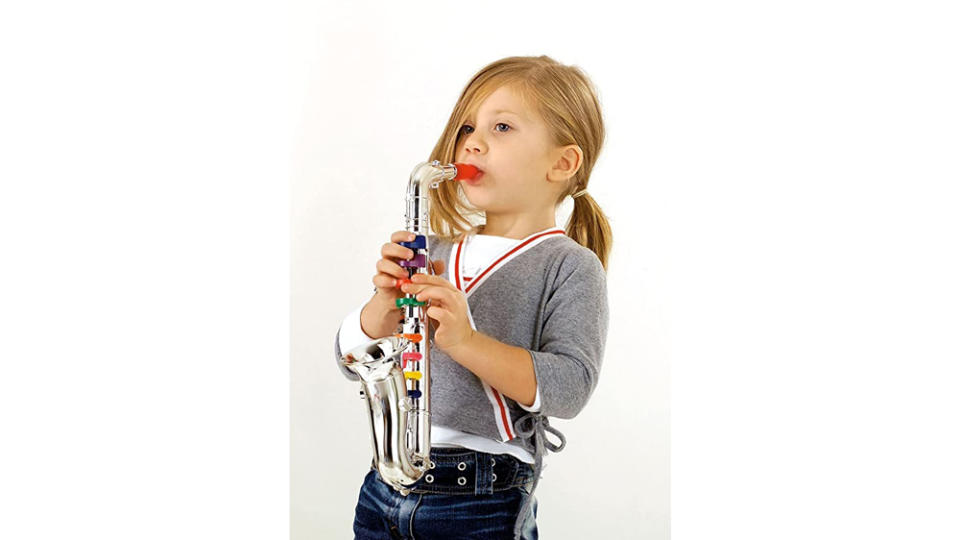 Click n' Play Set of 2 Musical Wind Instruments for Kids - Metallic Silver Saxophone and Trumpet Horn. (Photo: Amazon SG)