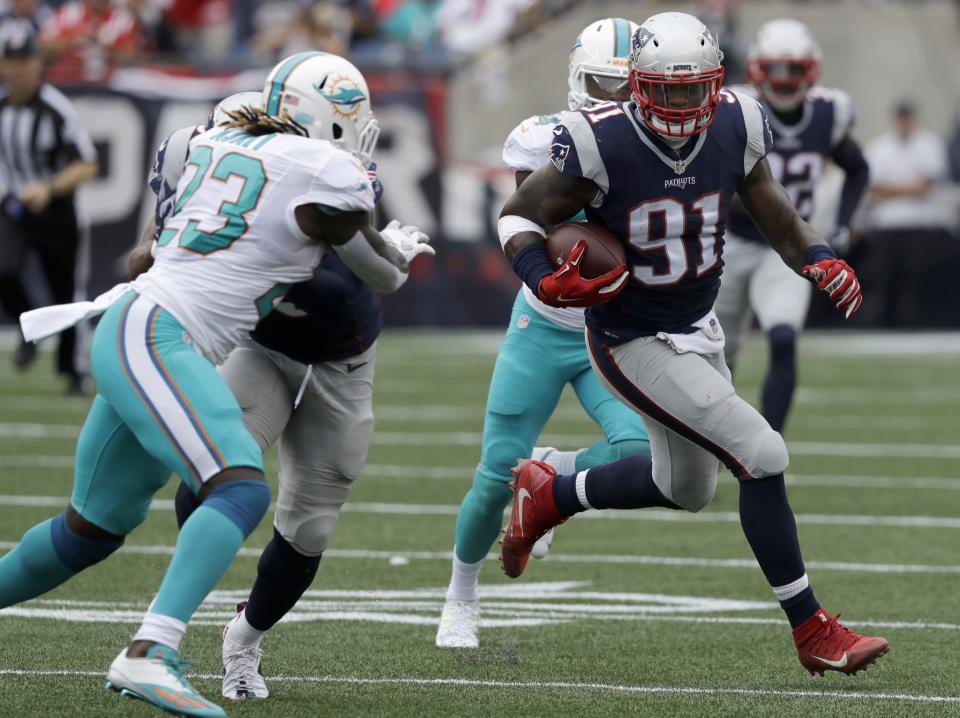 The Patriots traded versatile linebacker Jamie Collins, seen here getting an interception earlier this year, to Cleveland. (AP)