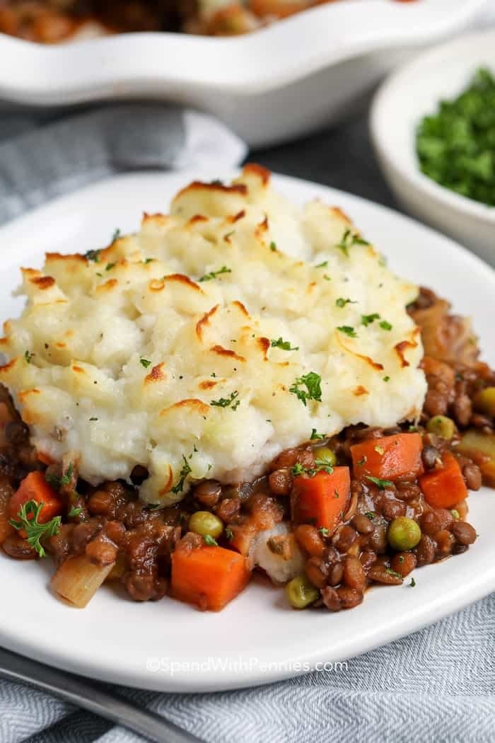 A plate of lentil and mashed potato shepherd's pie