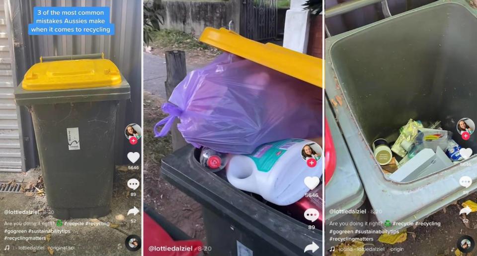 Stills from sustainability TikTok showing yellow lid bin with waste in it. Source: TikTok/@lottiedalziel