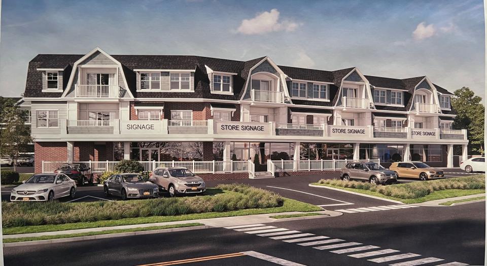 A photo of a rendering of Branchport Crossing, a mixed-use building on the former Casa Comida property in Long Branch. The design was drawn by Monteforte Architectural Studio.
