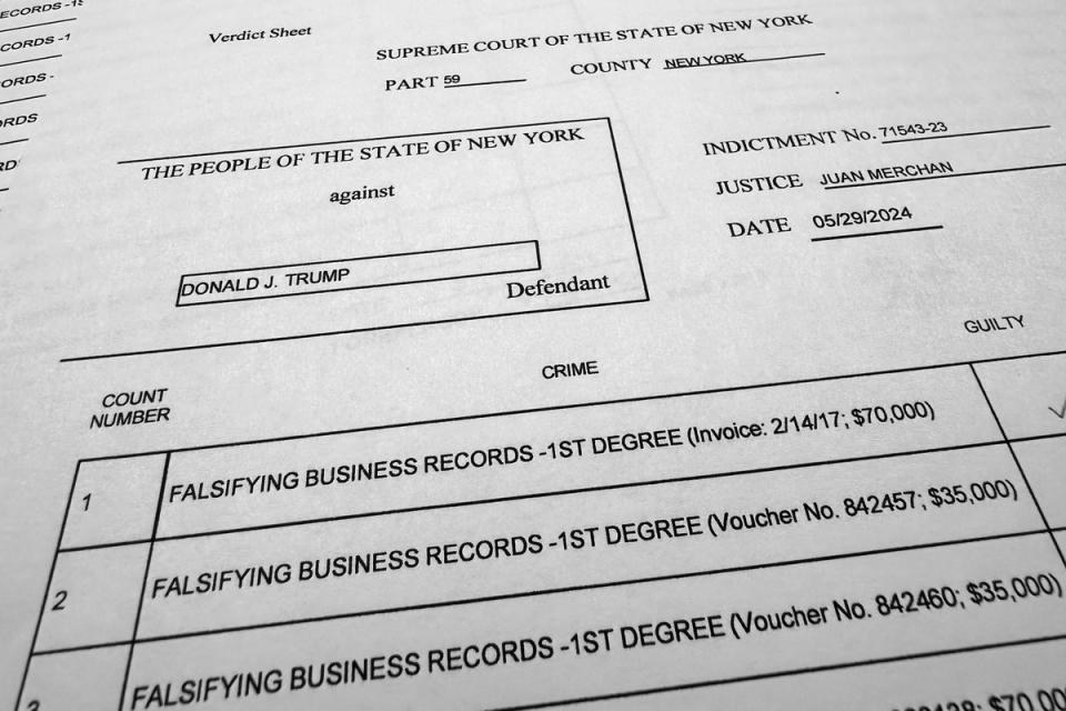 The verdict sheet in the hush money trial of former President Donald Trump is photographed Thursday, May 30 (AP)