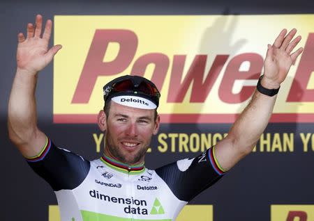Cycling - Tour de France cycling race - The 190.5 km (118 miles) Stage 6 from Arpajon-sur-Cere to Montauban, France - 07/07/2016 - Team Dimension Data rider Mark Cavendish of Britain reacts on the podium after winning the stage. REUTERS/Juan Medina
