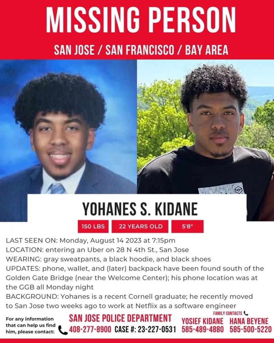 A missing person poster looking for Webster native and Cornell University graduate Yohanes Kidane. He was reported missing on Aug. 15, 2023.