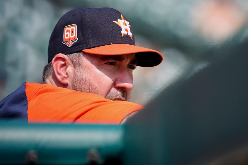 Astros pitcher Justin Verlander watches from the dugout in the fourth inning on Wednesday, Sept. 14, 2022, at Comerica Park.