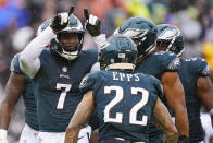 Philadelphia Eagles' Haason Reddick, left, celebrates recovering a fumble by Jacksonville Jaguars' Trevor Lawrence during the second half of an NFL football game Sunday, Oct. 2, 2022, in Philadelphia. (AP Photo/Matt Slocum)