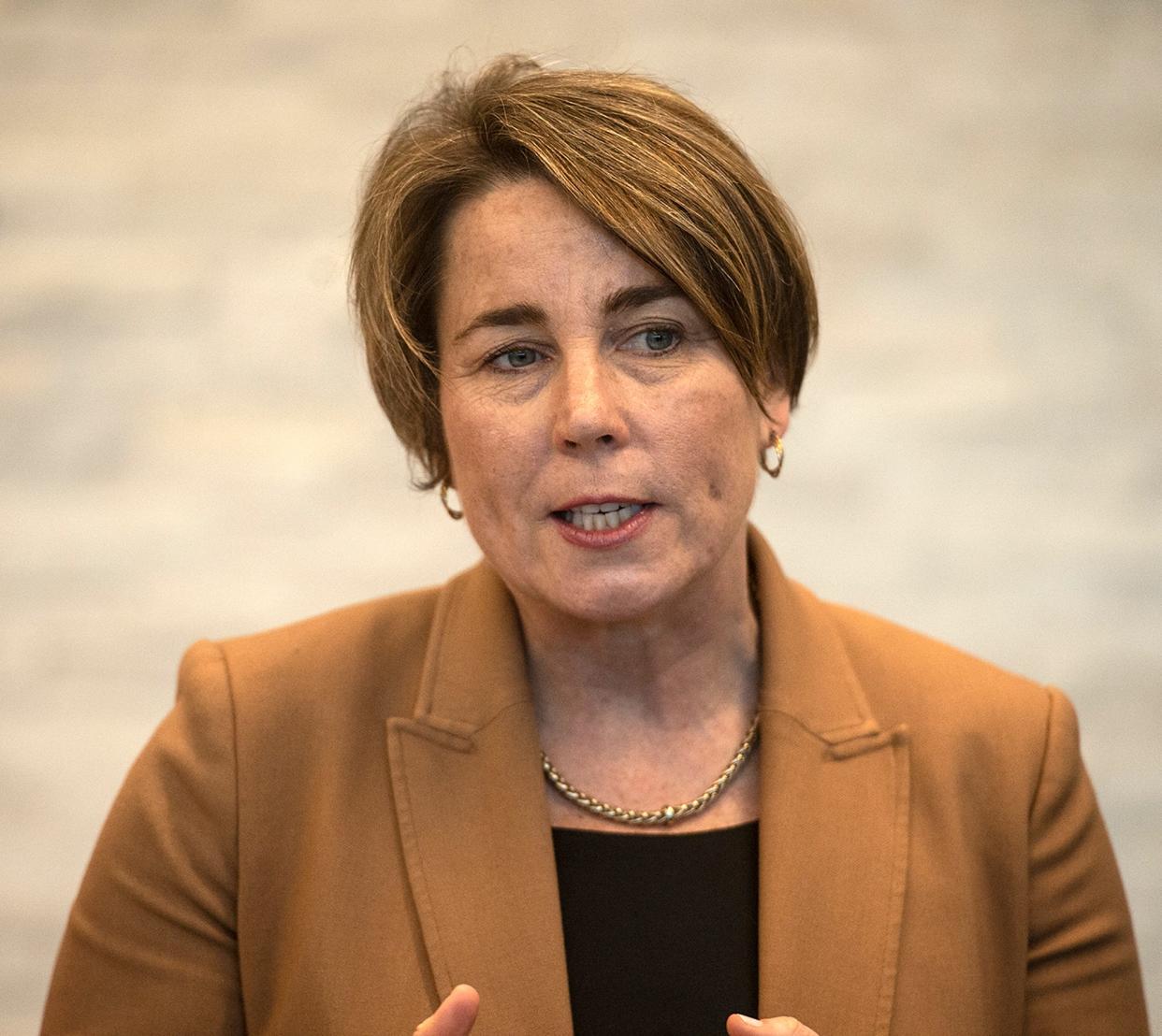 Gov. Maura Healey speaks during a visit to RoslinCT USA in Hopkinton, March 7, 2024. The company develops cell based technologies.