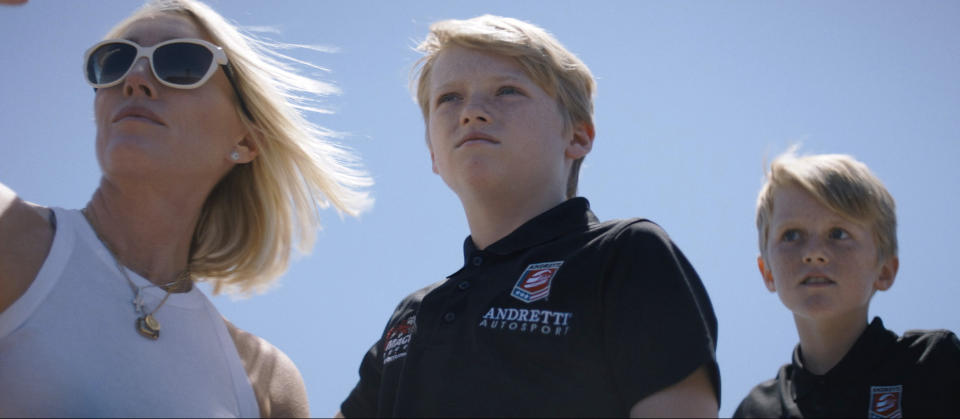 This image released by Max shows Susie Wheldon, from left, Sebastian Wheldon, and Oliver Wheldon from the HBO documentary "The Lionheart." (Max via AP)